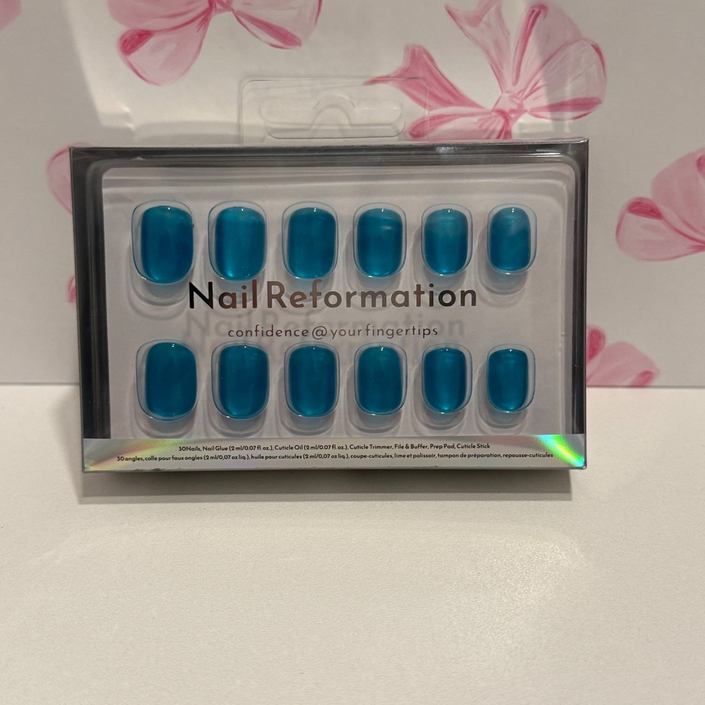 Nail Reformation Press On Nails Teal Blue Short Square Translucent 30 Count Kit